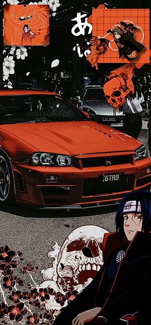 Naruto Sasuke Uchiha and Orange Nissan Skyline GT-R JDM Car Anime Collage Wallpaper HD phone wallpaper