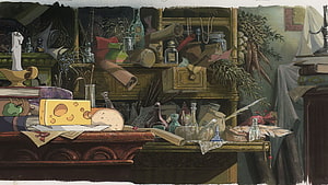 Howls Moving Castle Interior Scene With Cluttered Shelves, Books, and Apothecary Bottles HD wallpaper