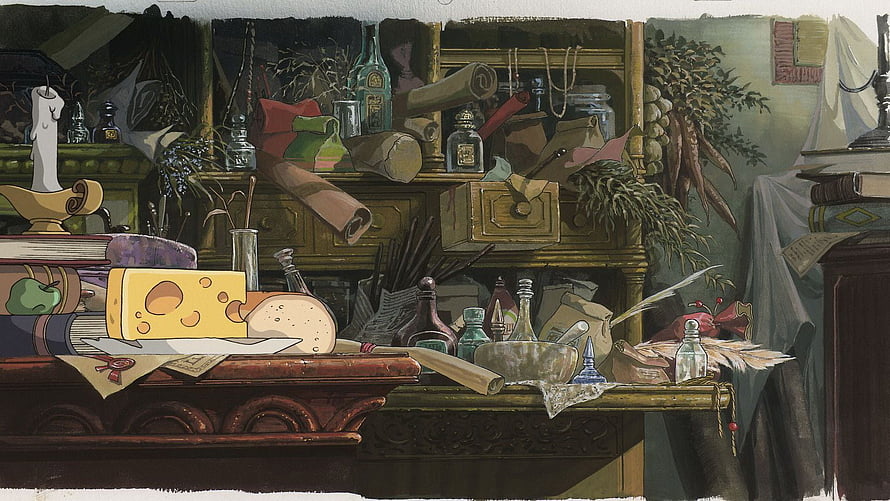 Howls Moving Castle Interior Scene With Cluttered Shelves, Books, and Apothecary Bottles HD wallpaper