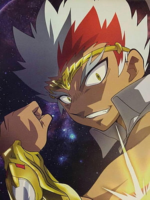 Ryuga from Beyblade Burst with golden headband and cosmic nebula background HD phone wallpaper