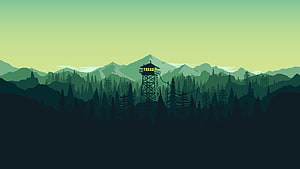 Firewatch Fire Tower in Misty Pine Forest at Dusk HD wallpaper