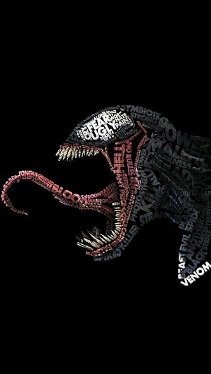 Venom Typographic Portrait Formed by Words on Black Background HD phone wallpaper