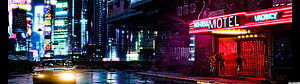 Cyberpunk 2077 Night City Street Scene with Neon Motel Sign and Rain-Slicked Road HD wallpaper