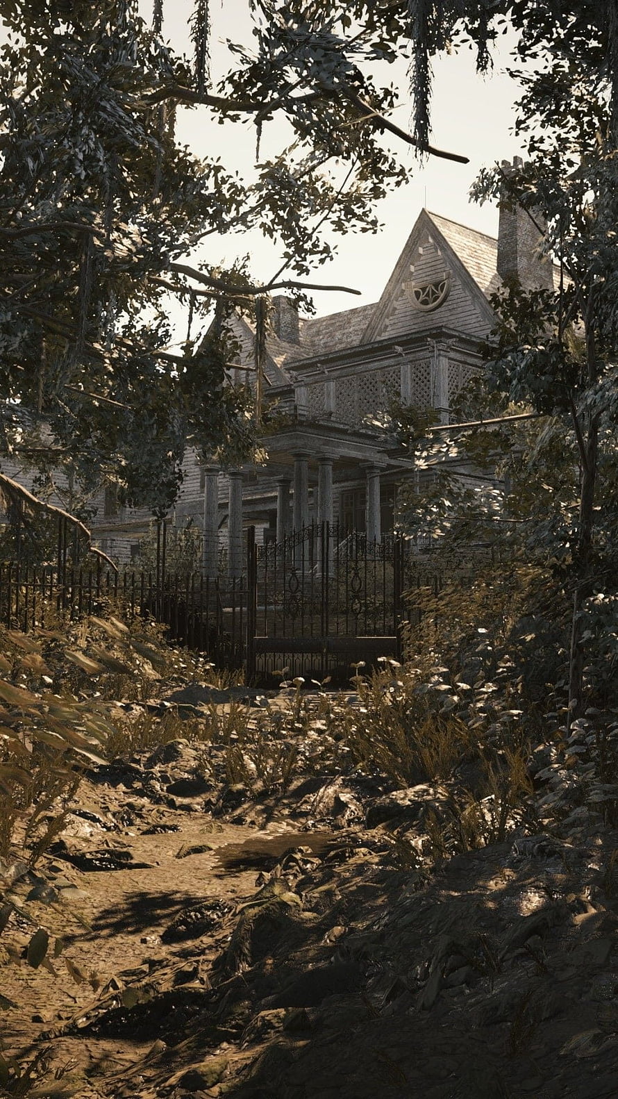 Resident Evil 7 Abandoned Victorian Mansion in Overgrown Swamp Forest HD phone wallpaper