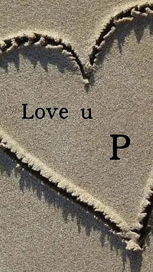 Hand-drawn heart shape in beach sand with a love message and letter P HD phone wallpaper