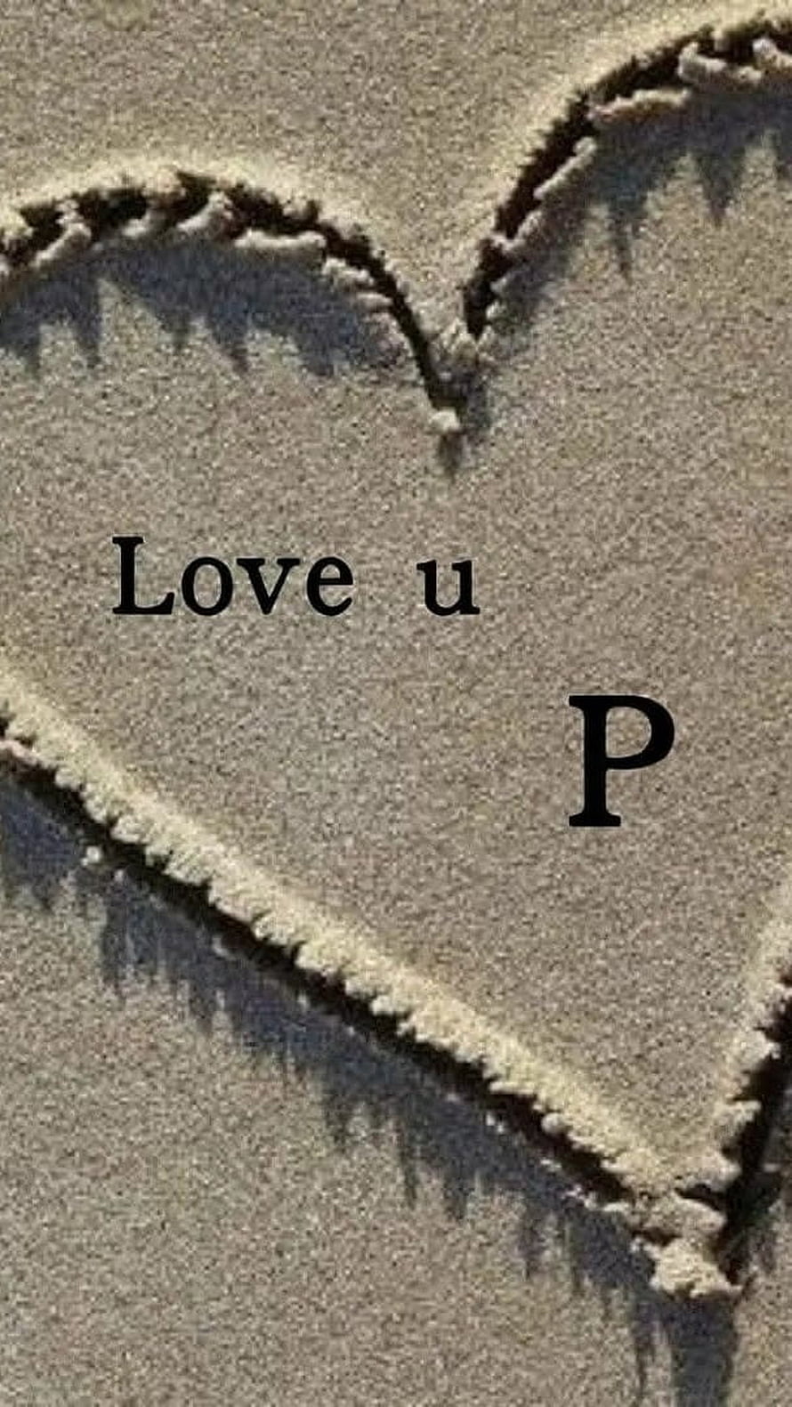 Hand-drawn heart shape in beach sand with a love message and letter P HD phone wallpaper
