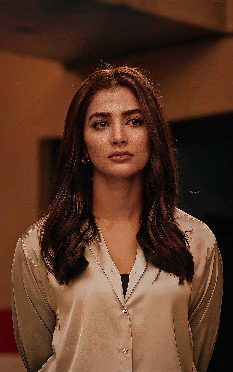 Pooja Hegde Portrait in Beige Silk Shirt with Warm Indoor Lighting HD phone wallpaper