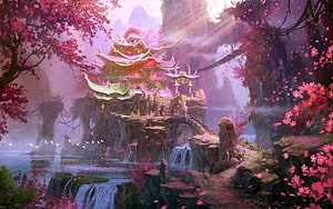 Mystical Asian Temple Amidst Cherry Blossoms and Waterfalls in a Dreamlike Fantasy Landscape HD wallpaper