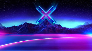 Neon X Logo Over Synthwave Mountain Landscape With Glowing Grid Horizon HD wallpaper