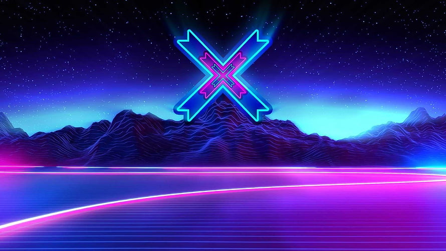 Neon X Logo Over Synthwave Mountain Landscape With Glowing Grid Horizon HD wallpaper