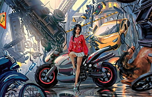 WLOP Digital Artwork: Girl on Motorcycle in Chaotic Cyberpunk City HD wallpaper
