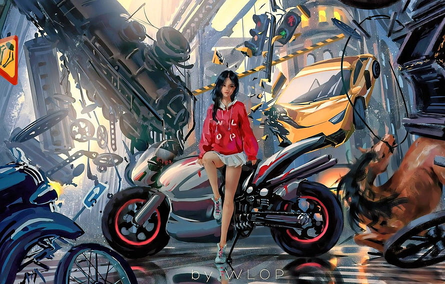 WLOP Digital Artwork: Girl on Motorcycle in Chaotic Cyberpunk City HD wallpaper