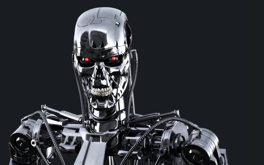 Terminator T-800 Endoskeleton with Glowing Red Eyes on Dark Background HD wallpaper