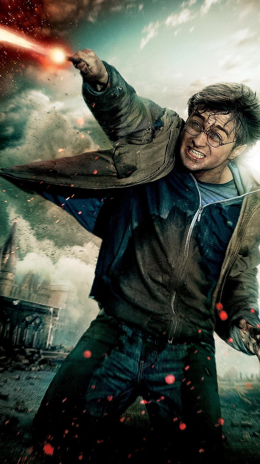 Harry Potter Casting a Spell Amidst Battle Debris and Smoke in a Cinematic Action Scene HD phone wallpaper