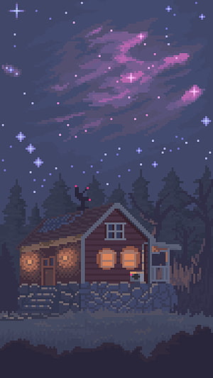 Cozy Pixel Art Cabin Under a Starry Night Sky with Aurora Borealis HD phone wallpaper