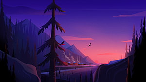 Stylized Mountain Valley at Dusk with Pine Trees and Distant Village HD wallpaper