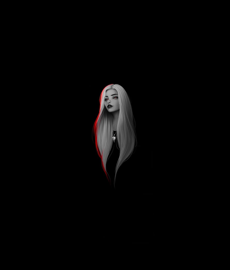 Minimalist Digital Portrait of a Woman with Long White Hair and Red Accent, White hair, woman, long hair, minimal, art HD phone wallpaper