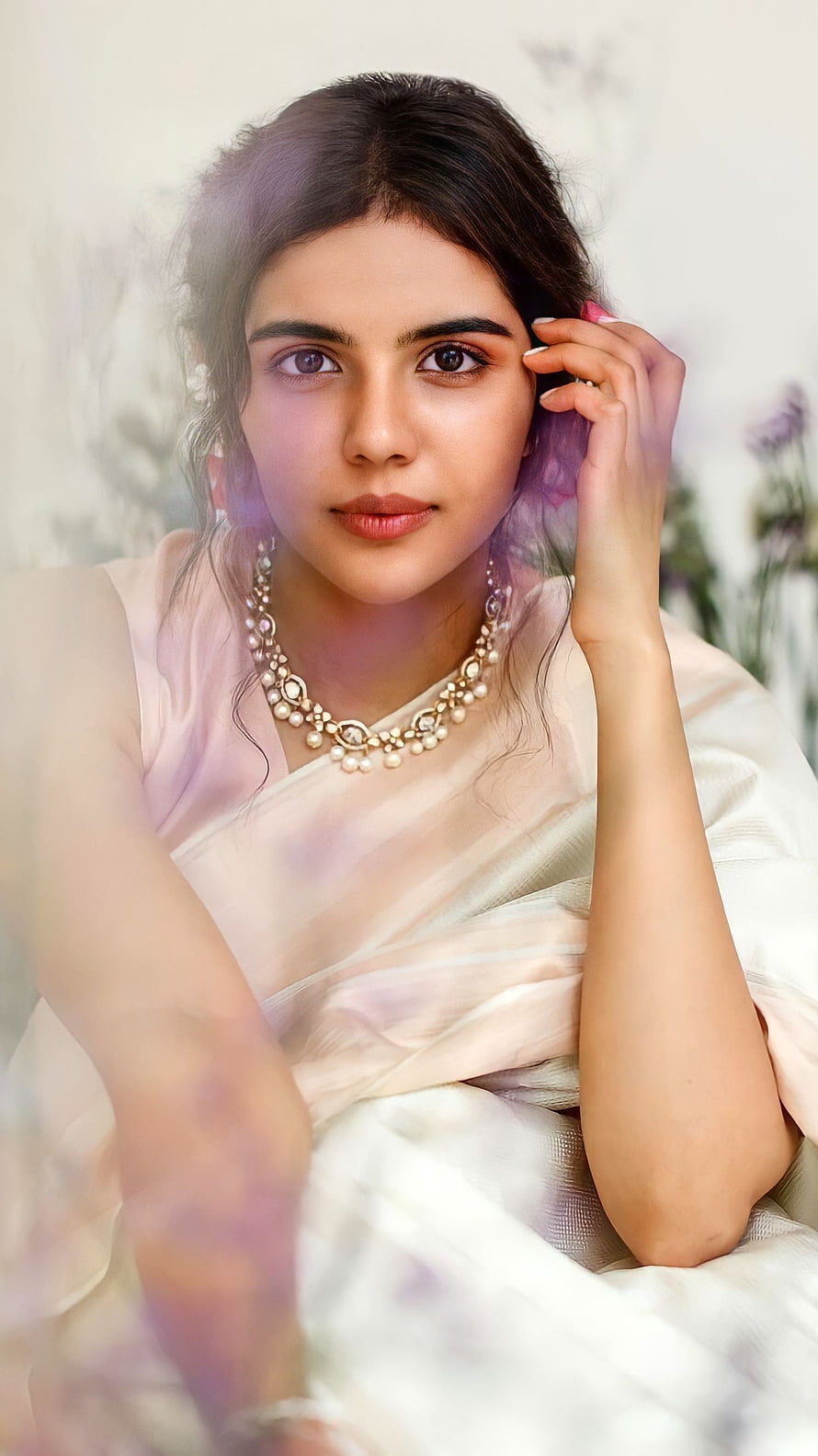 Kalyani Priyadarshini in a Soft Pink Saree with Pearl Necklace HD phone wallpaper