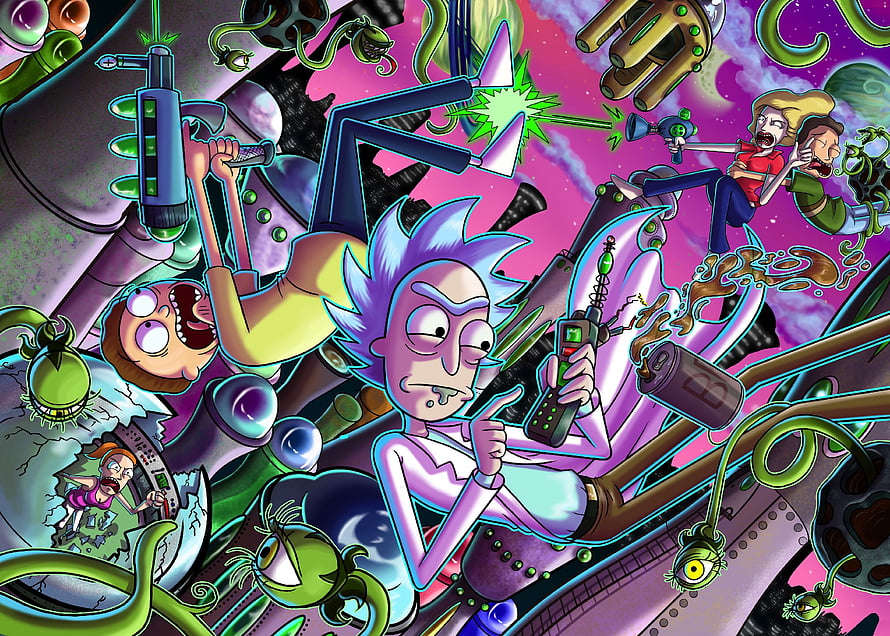 Rick and Morty Animated Chaos Scene with Sci-Fi Weapons and Alien Creatures HD wallpaper