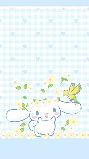 Cinnamoroll with Daisy Crown and Yellow Bird on Pastel Blue Gingham Background HD phone wallpaper