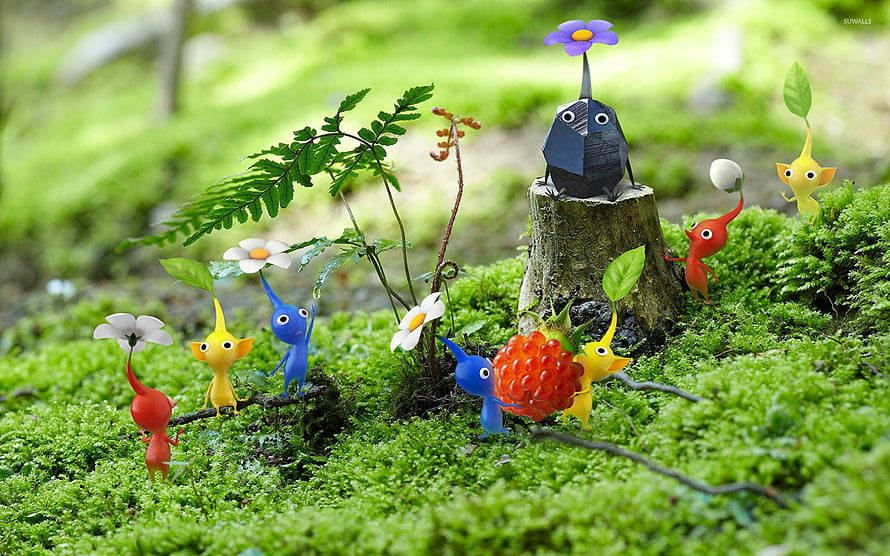Pikmin 3 Characters Exploring a Mossy Forest with Flowers and Berries HD wallpaper