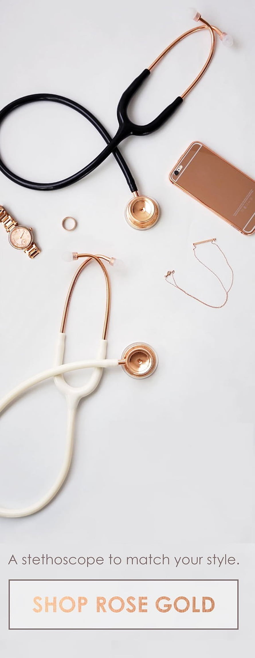 Rose Gold Stethoscope Flat Lay with Medical Accessories and Smartphone HD phone wallpaper