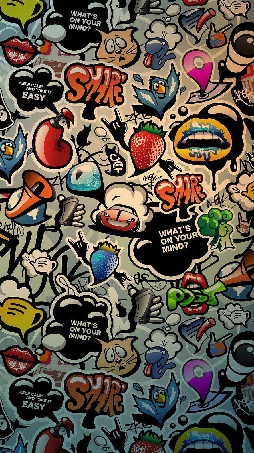Dense Doodle Art Pattern with Speech Bubbles, Fruit, and Street Culture Icons HD phone wallpaper