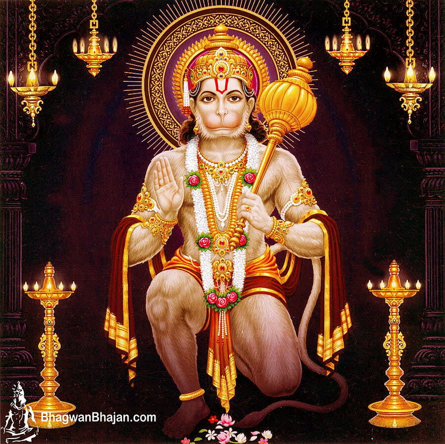 Hanuman Jayanti Devotional Artwork with Golden Diyas and Sacred Garland HD wallpaper