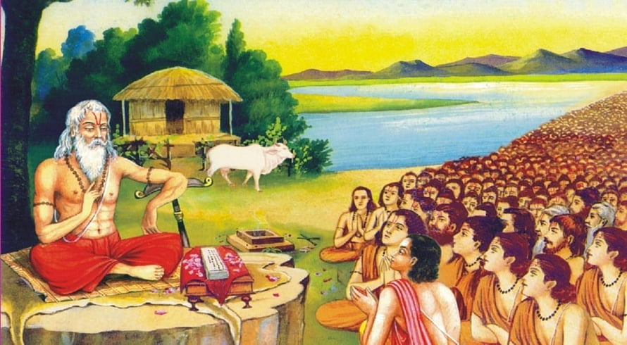 Ancient Indian Guru Teaching Disciples in a Traditional Gurukul Setting HD wallpaper