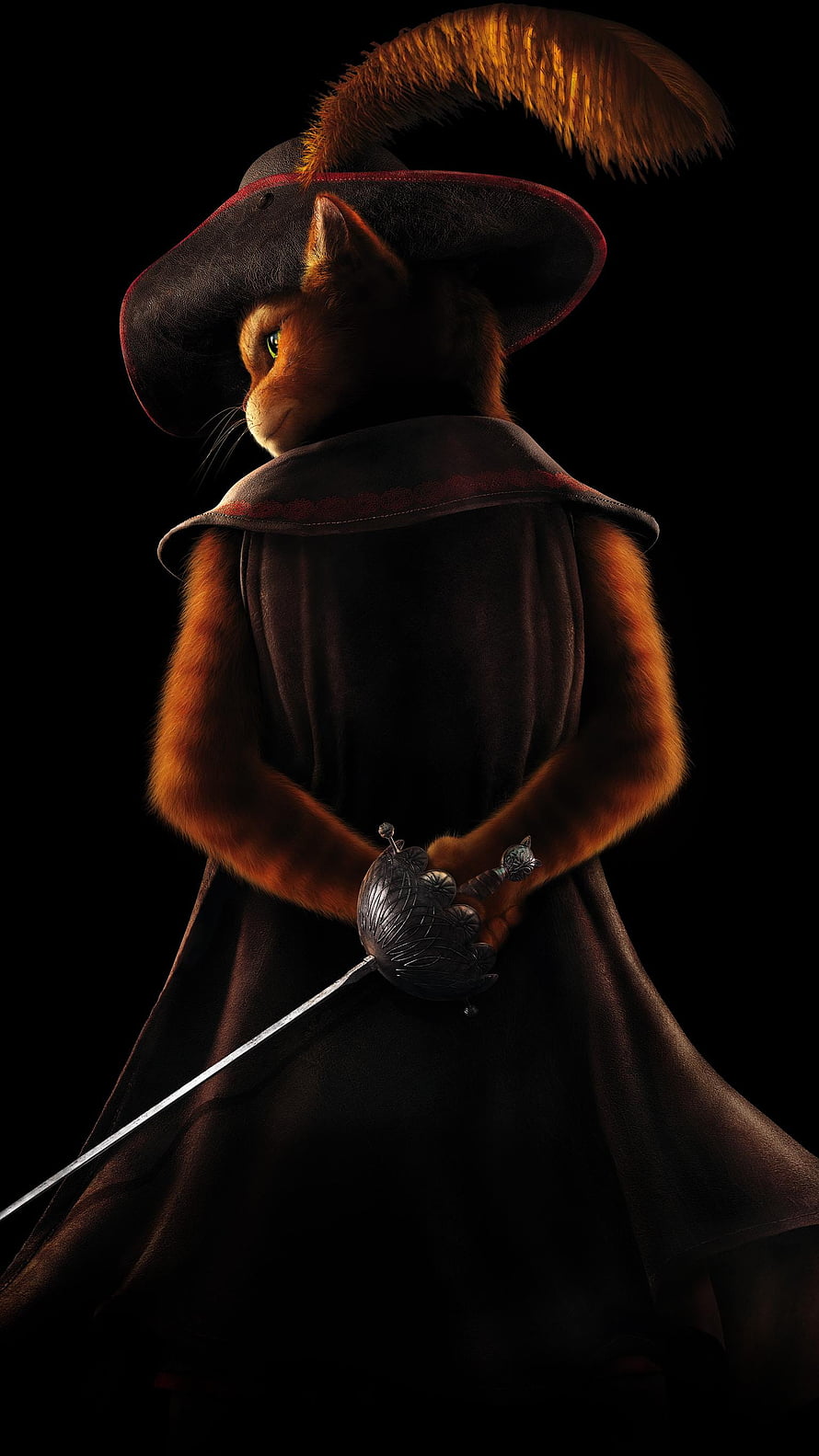 Puss in Boots 2022 Movie Character Portrait in Dark Cloak and Feathered Hat HD phone wallpaper