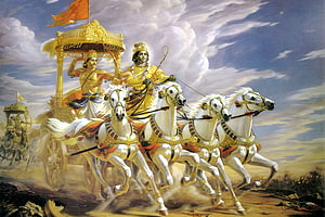 Lord Krishna and Arjuna on a Golden Chariot Pulled by White Horses HD wallpaper
