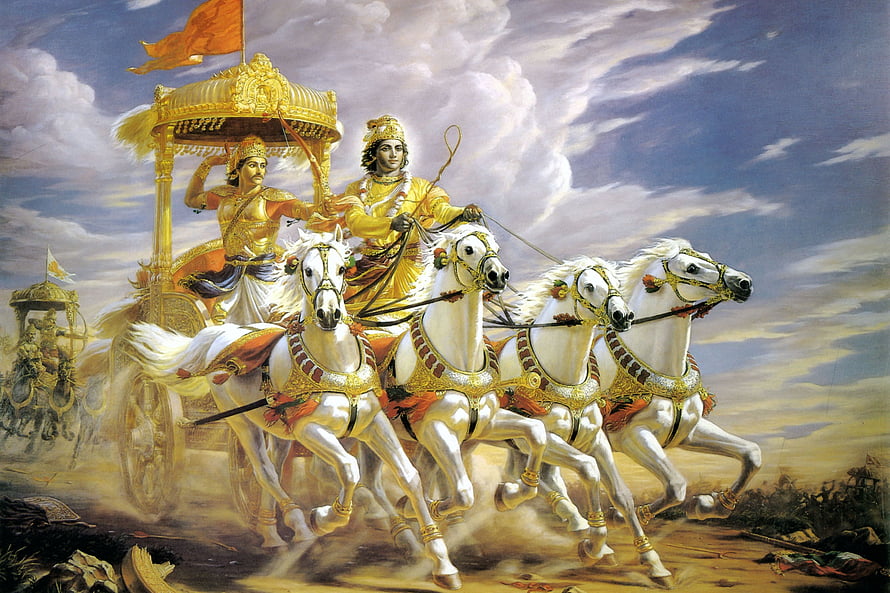 Lord Krishna and Arjuna on a Golden Chariot Pulled by White Horses HD wallpaper