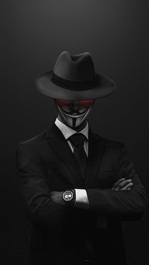 Anonymous Guy in Black Suit and Fedora with Red Eyes and Watch HD phone wallpaper