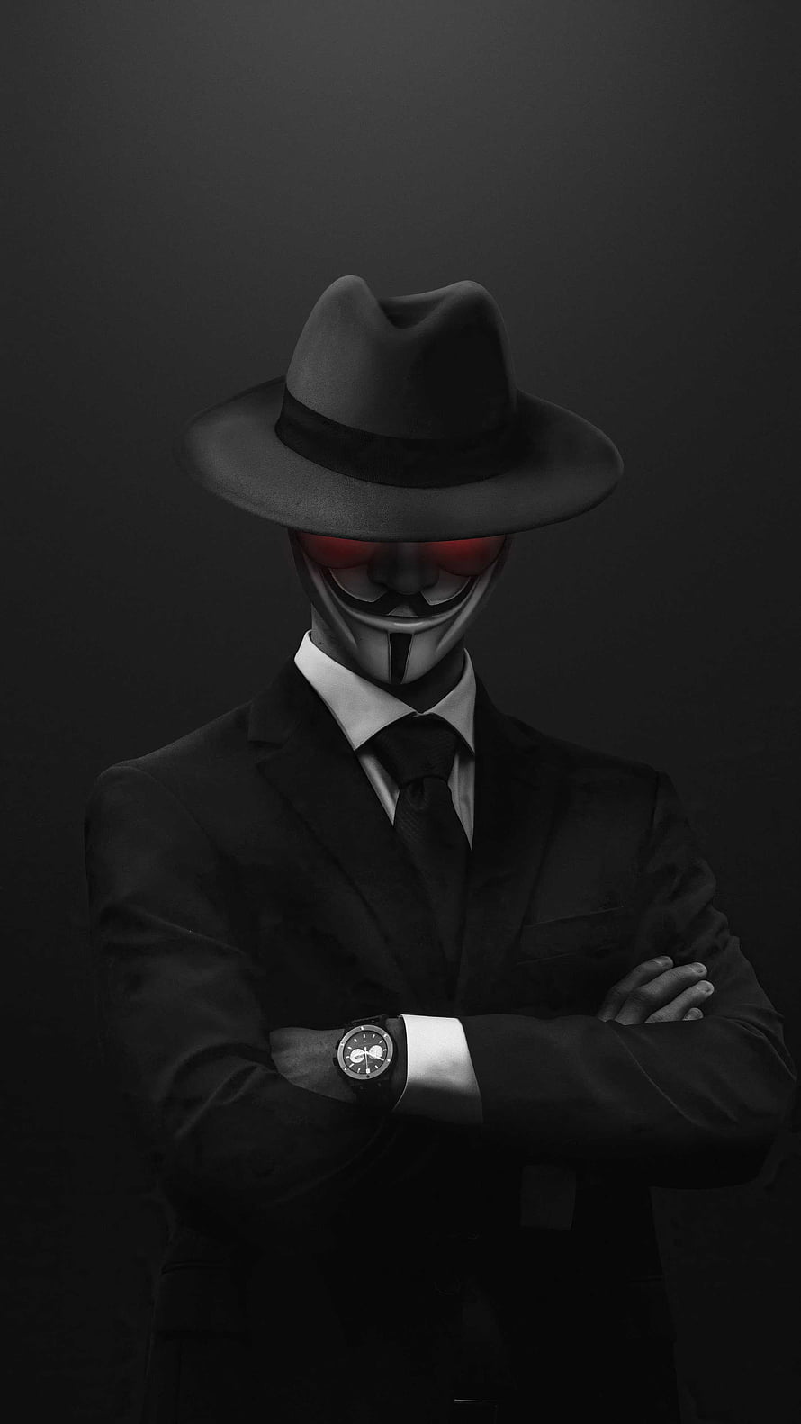 Mafia Character in Black Suit and Fedora with Red Eyes and Mask HD phone wallpaper