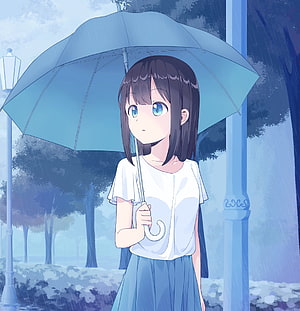 Anime Girl Holding Blue Umbrella in Rainy Park Scene HD phone wallpaper