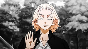 Mikey from Tokyo Revengers smiling and waving in a black jacket against a grayscale park background HD wallpaper