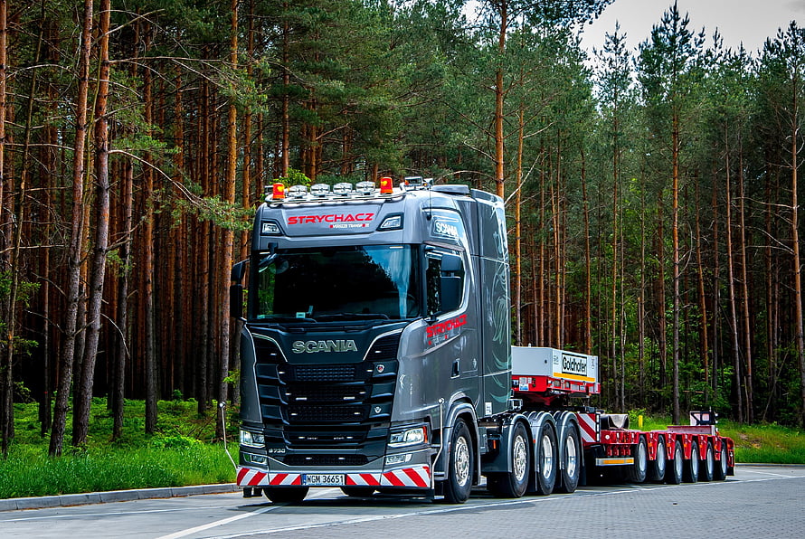 Scania S730 Heavy-Duty Truck Hauling Trailer Through Pine Forest HD wallpaper