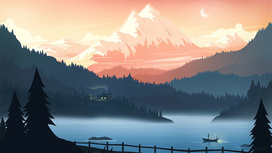 Mocah Minimalist Mountain Lake Landscape with Cabin and Canoe at Sunset HD wallpaper