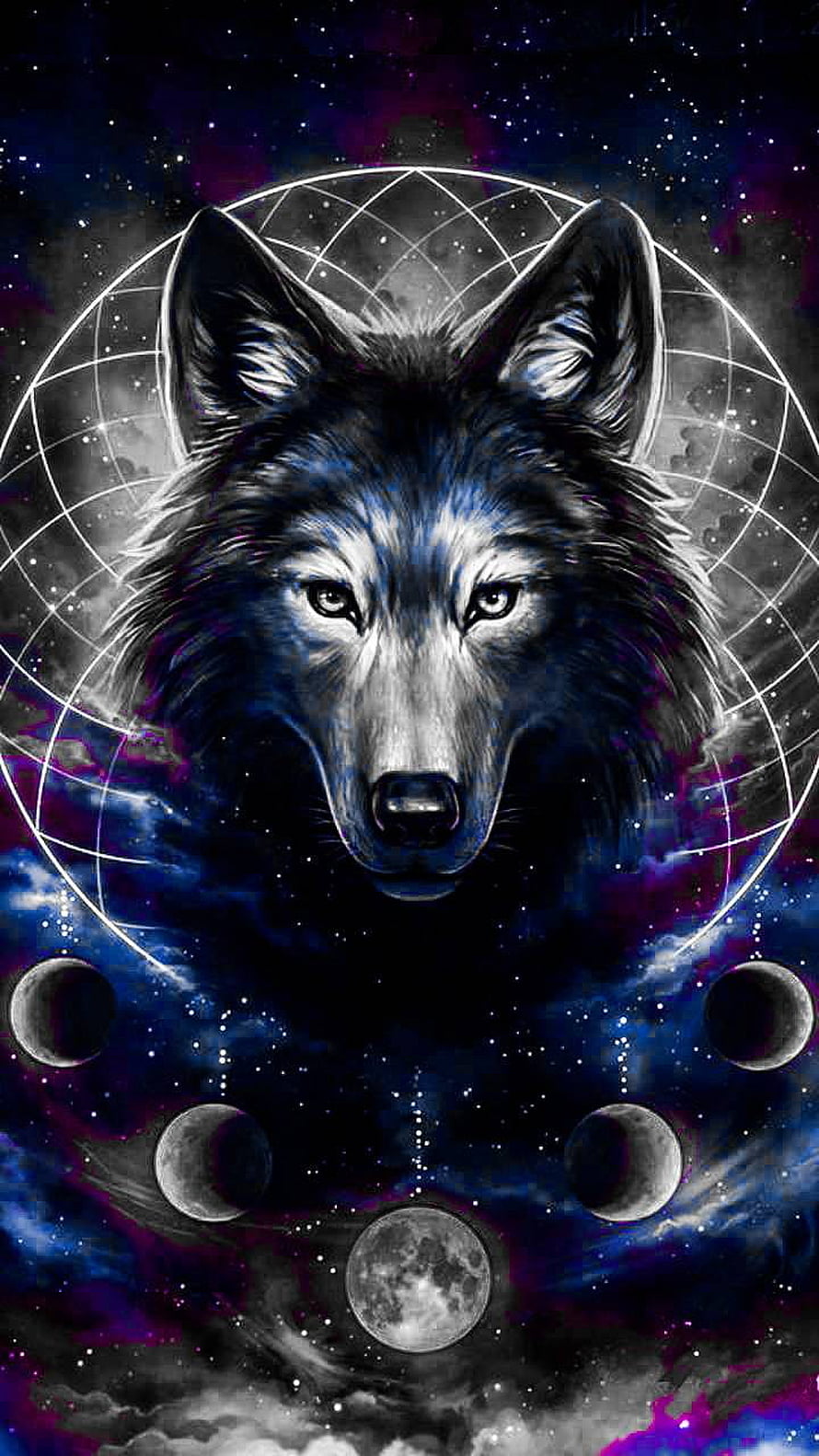Cosmic Wolf Portrait with Moon Phases and Celestial Sphere in Deep Space HD phone wallpaper