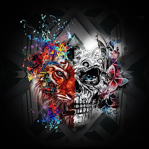 Steampunk Tiger and Skull Digital Art with Colorful Paint Splatters and Mechanical Gears HD phone wallpaper