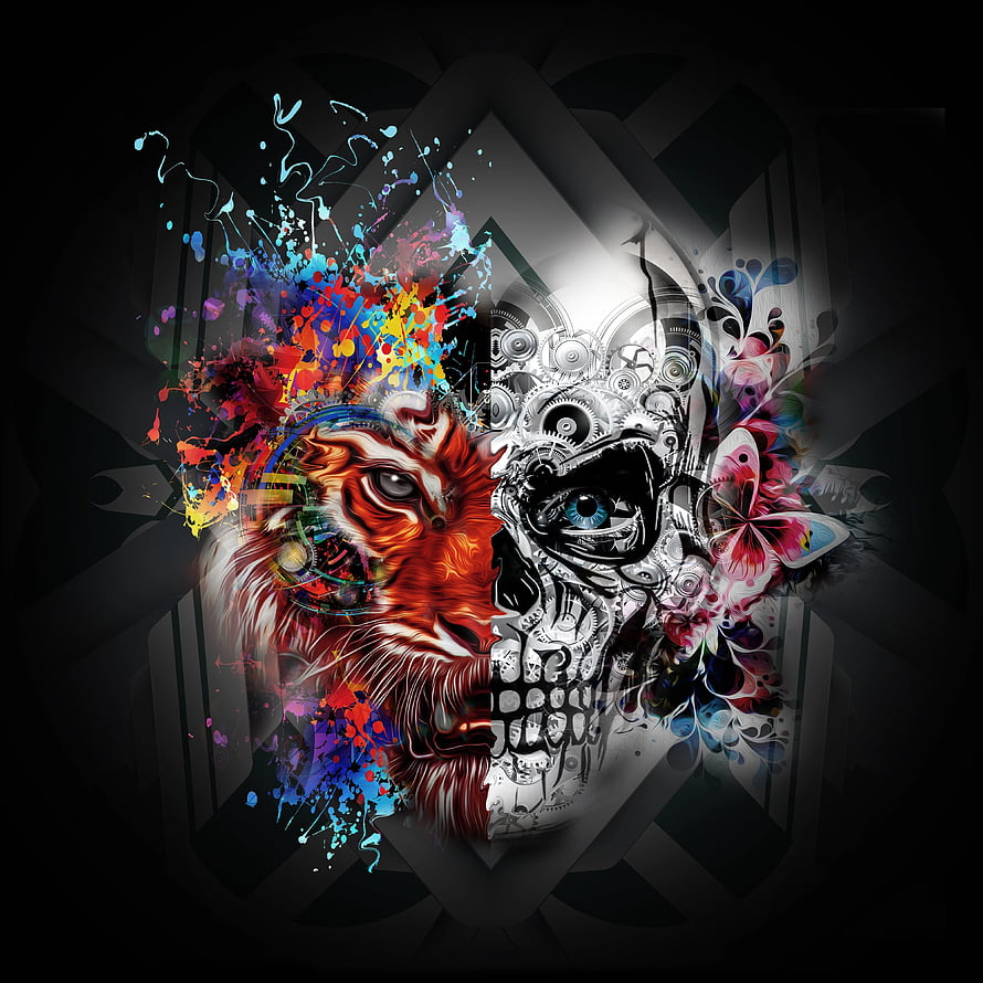 Steampunk Tiger and Skull Digital Art with Colorful Paint Splatters and Mechanical Gears HD phone wallpaper