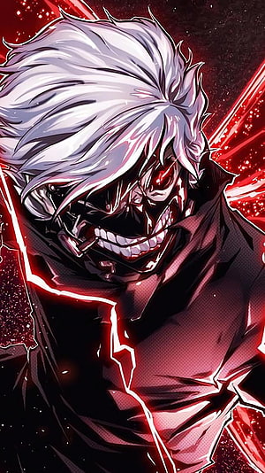 Furious White-Haired Anime Villain with Glowing Red Eyes and Dark Aura HD phone wallpaper