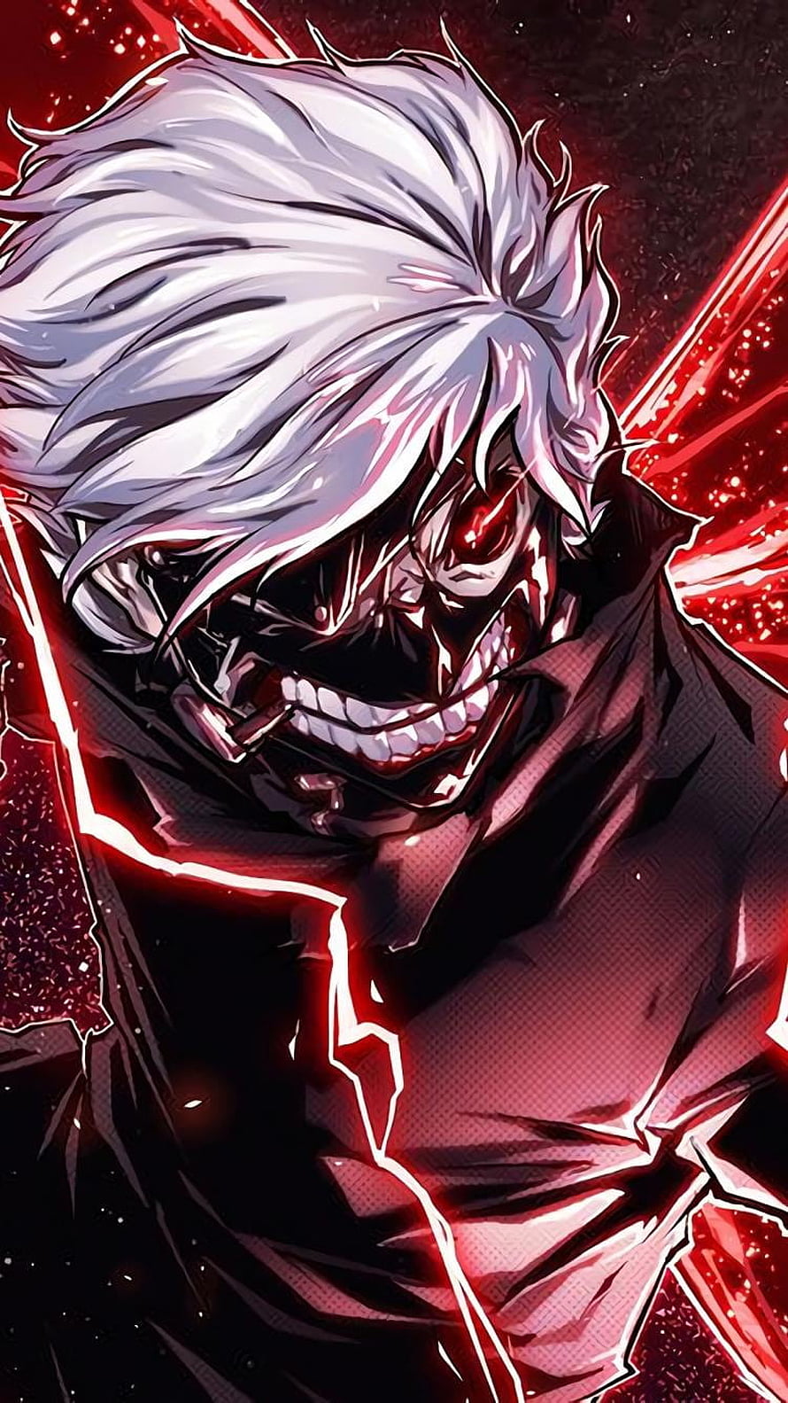 Furious White-Haired Anime Villain with Glowing Red Eyes and Dark Aura HD phone wallpaper