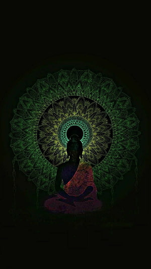 Lord Buddha Meditating Silhouette with Intricate Green Mandala Halo on Dark Background HD phone wallpaper