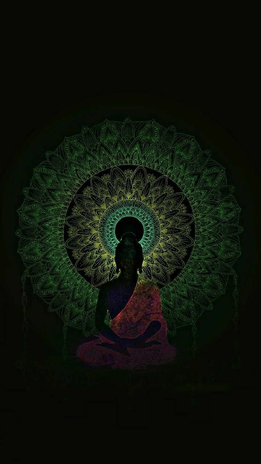 Lord Buddha Meditating Silhouette with Intricate Green Mandala Halo on Dark Background HD phone wallpaper