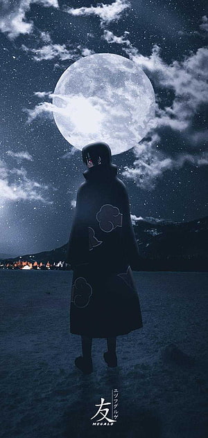 Itachi Uchiha Standing Under a Full Moon in a Starry Night Sky HD phone wallpaper