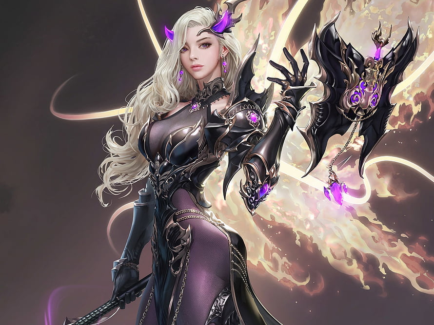Blonde Fantasy Woman in Dark Armor with Purple Wings and Glowing Halo HD wallpaper
