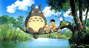 My Neighbor Totoro: Totoro and Satsuki Fishing on a Branch in a Lush Forest HD wallpaper