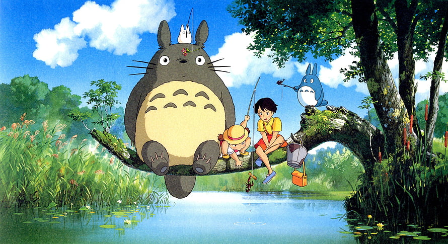 My Neighbor Totoro: Totoro and Satsuki Fishing on a Branch in a Lush Forest HD wallpaper