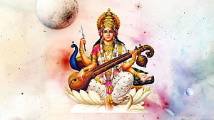 Maa Saraswati Playing Veena on Lotus with Peacock and Cosmic Background HD wallpaper